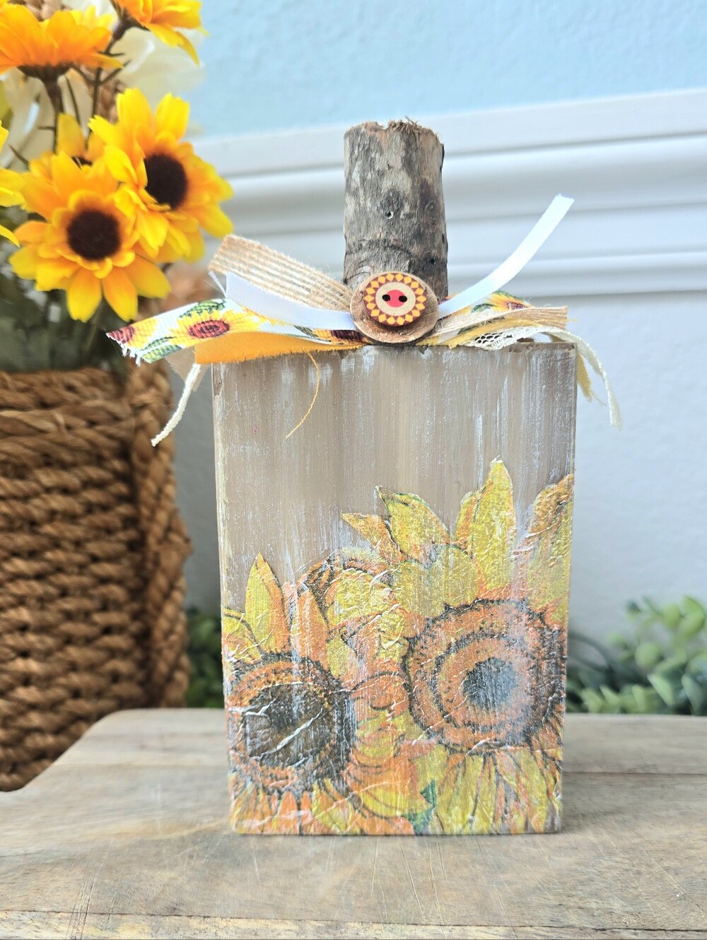 Handcrafted Sunflower Wooden Accent Pumpkin - Yellow